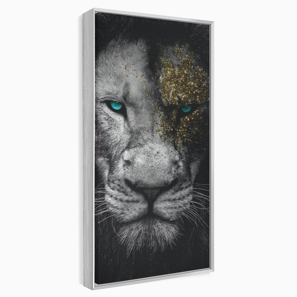 Tablou canvas cu tablou canvas cu leu si ochi albastri, in rama de aluminiu argintiu