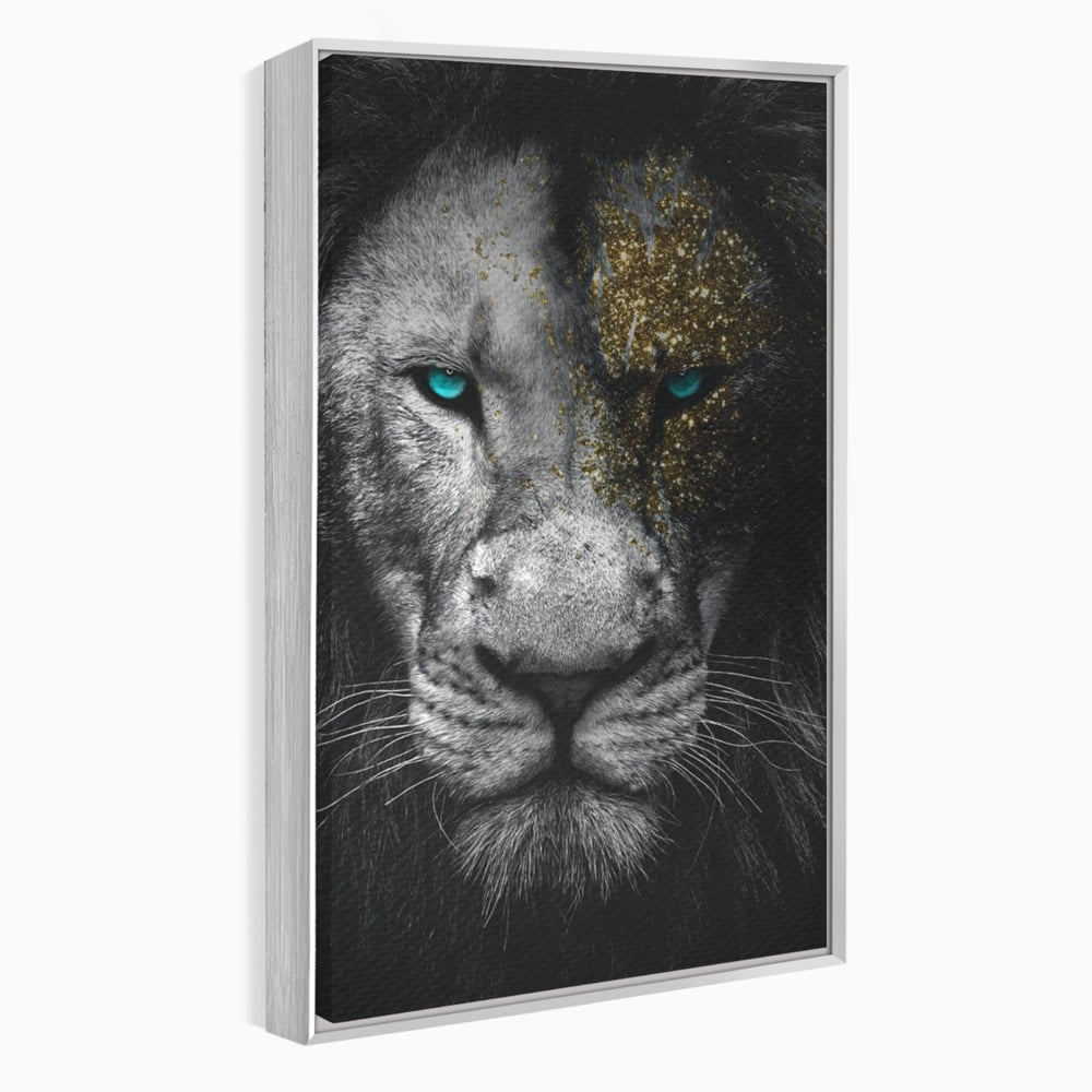 Tablou canvas cu tablou canvas cu leu si ochi albastri, in rama de aluminiu argintiu