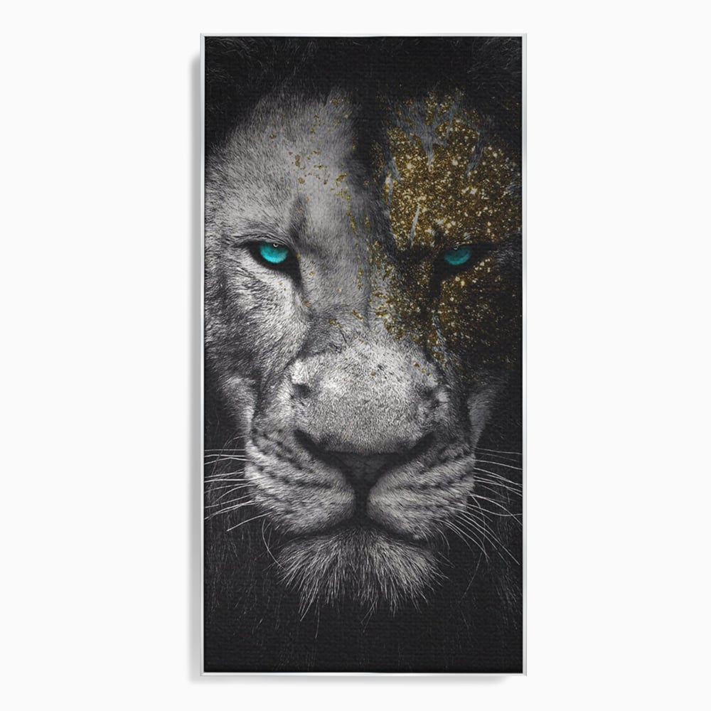 Tablou canvas cu tablou canvas cu leu si ochi albastri, in rama de aluminiu argintiu