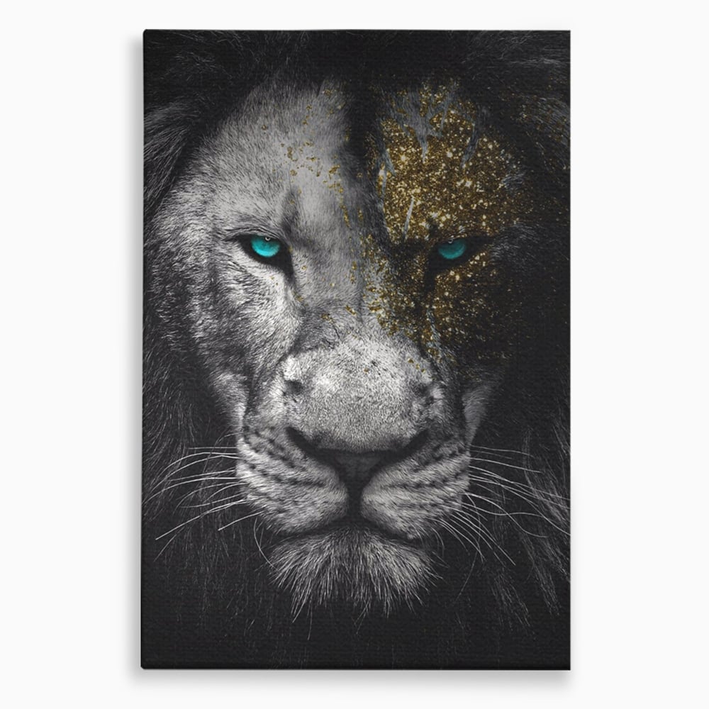 Tablou canvas cu tablou canvas cu leu si ochi albastri, fara rama, pe sasiu de lemn