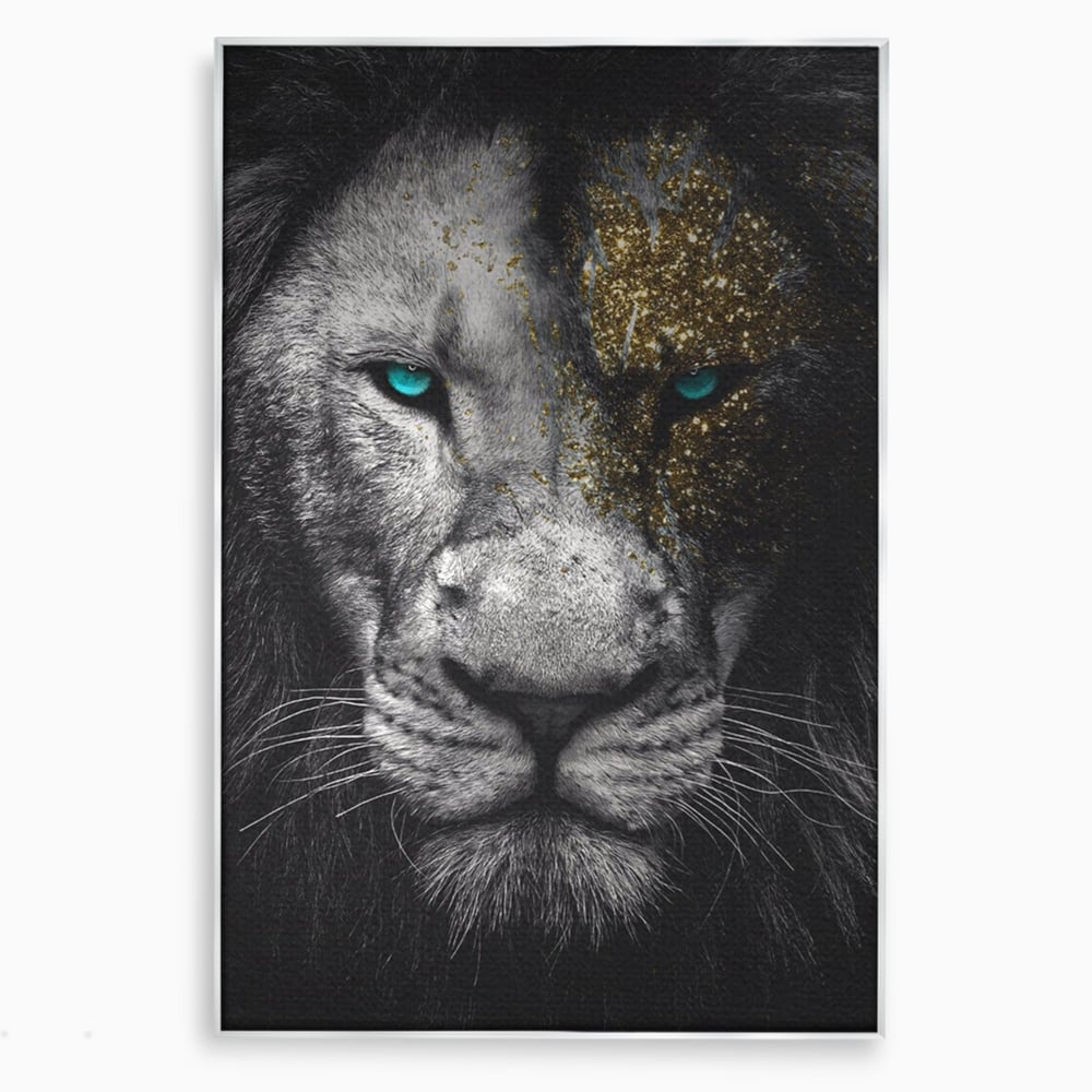 Tablou canvas cu tablou canvas cu leu si ochi albastri, in rama de aluminiu argintiu