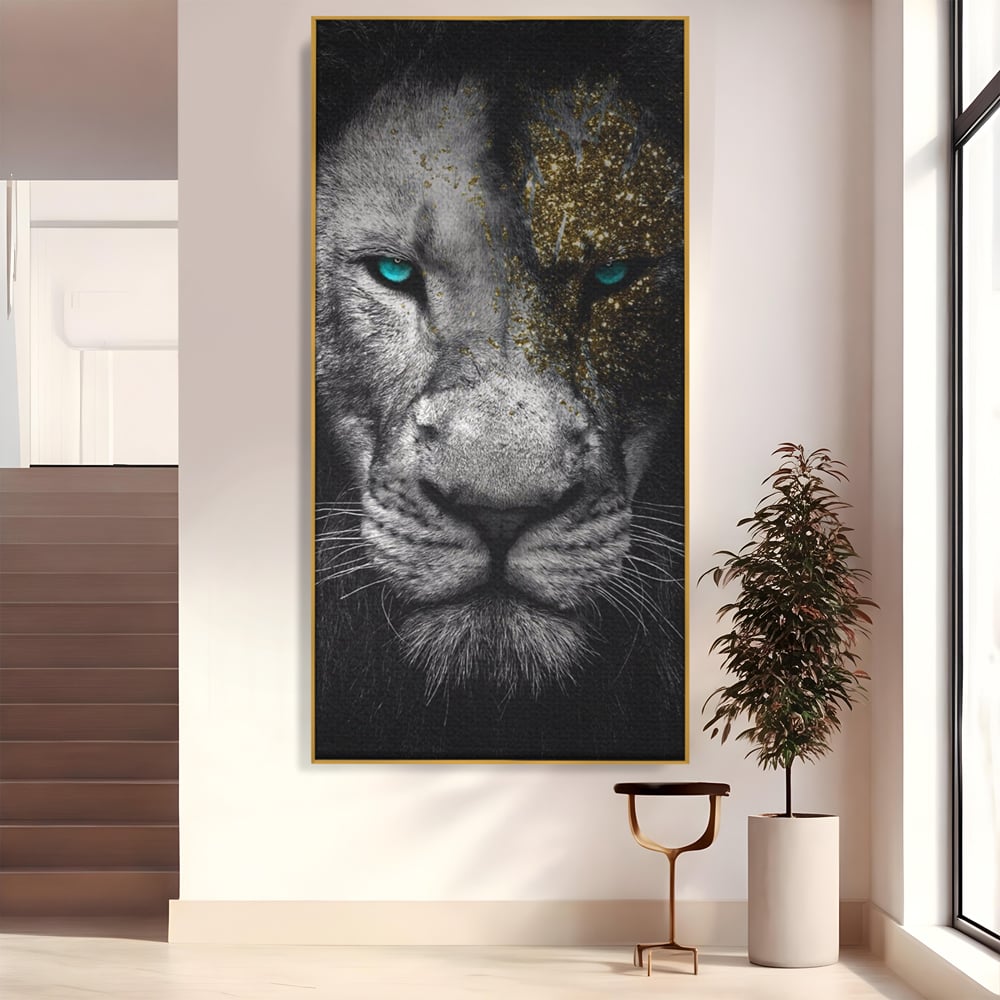 Tablou canvas cu tablou canvas cu leu si ochi albastri, in rama de aluminiu auriu