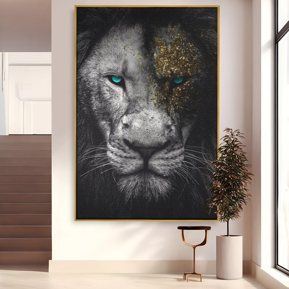 Tablou canvas cu tablou canvas cu leu si ochi albastri, in rama de aluminiu auriu