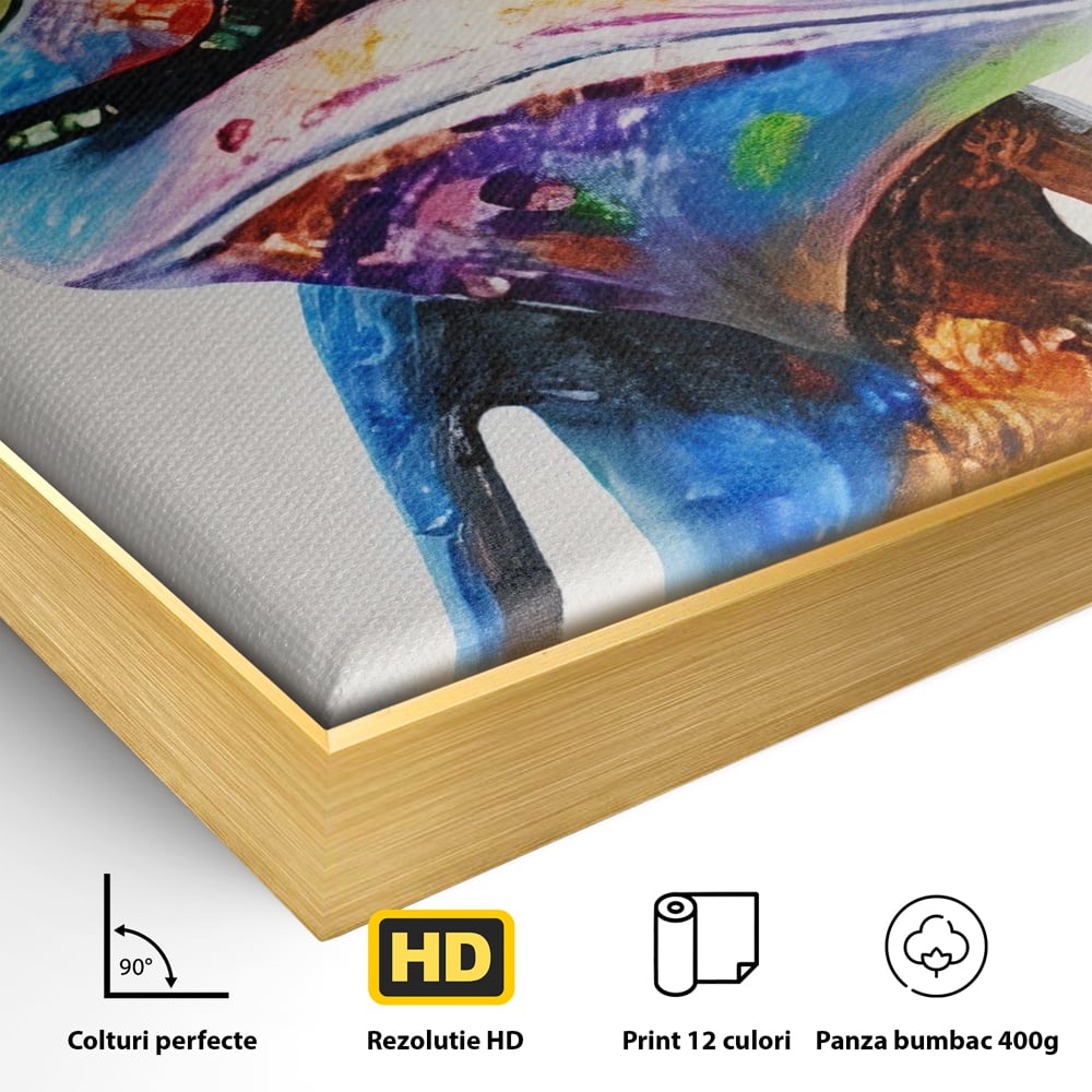 Detaliu al suprafetei: tablou canvas cu broasca in ochelari, in rama de aluminiu auriu