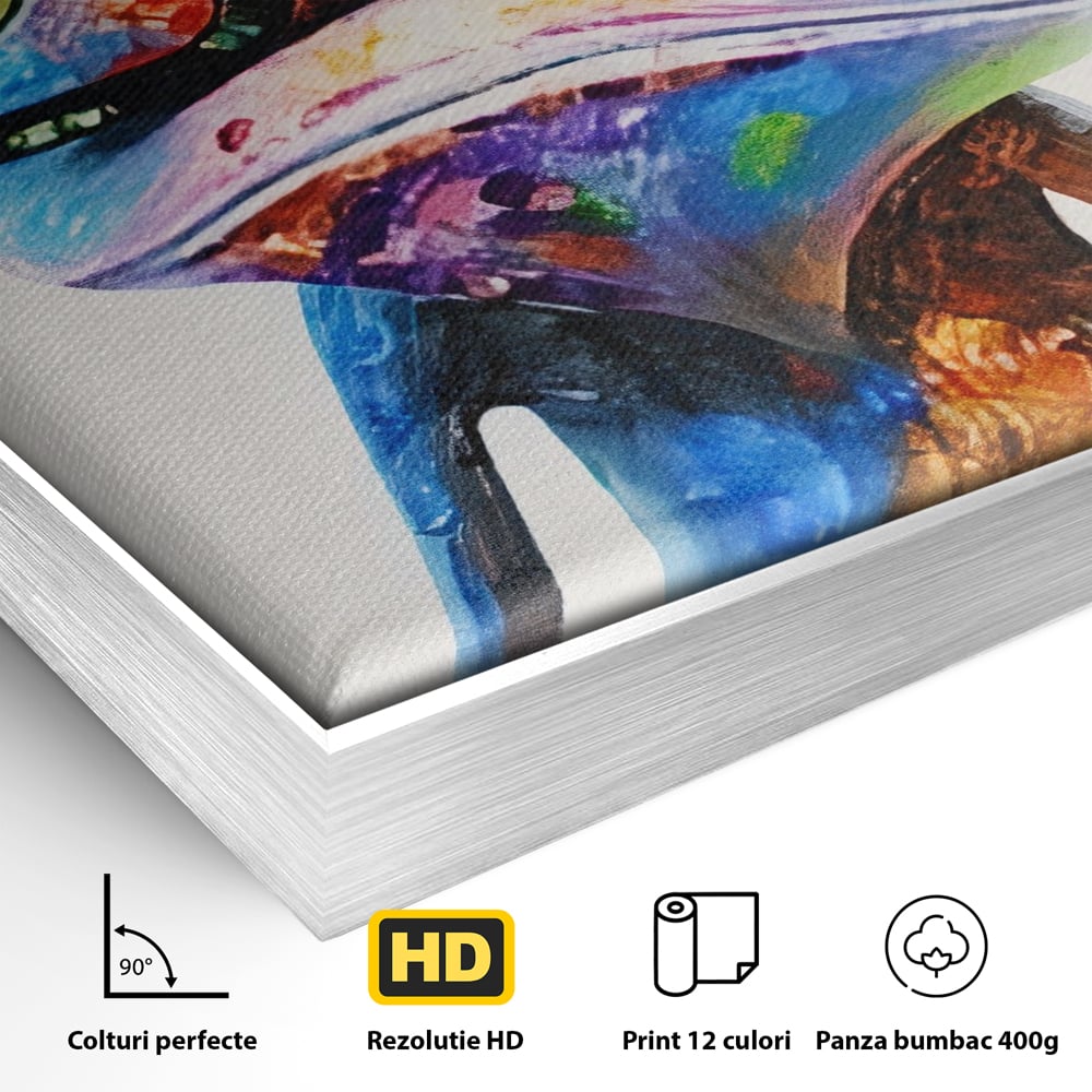Detaliu al suprafetei: tablou canvas cu broasca in ochelari, in rama de aluminiu argintiu