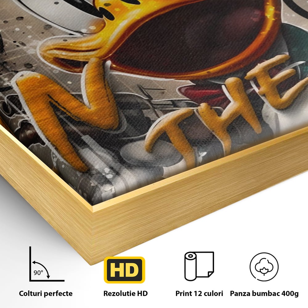 Detaliu al suprafetei: tablou canvas cu scrooge mcduck, in rama de aluminiu auriu