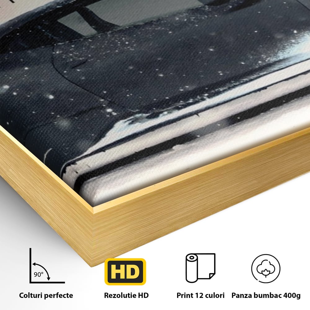 Detaliu al suprafetei: tablou canvas cu masina ferrari pe zapada, in rama de aluminiu auriu