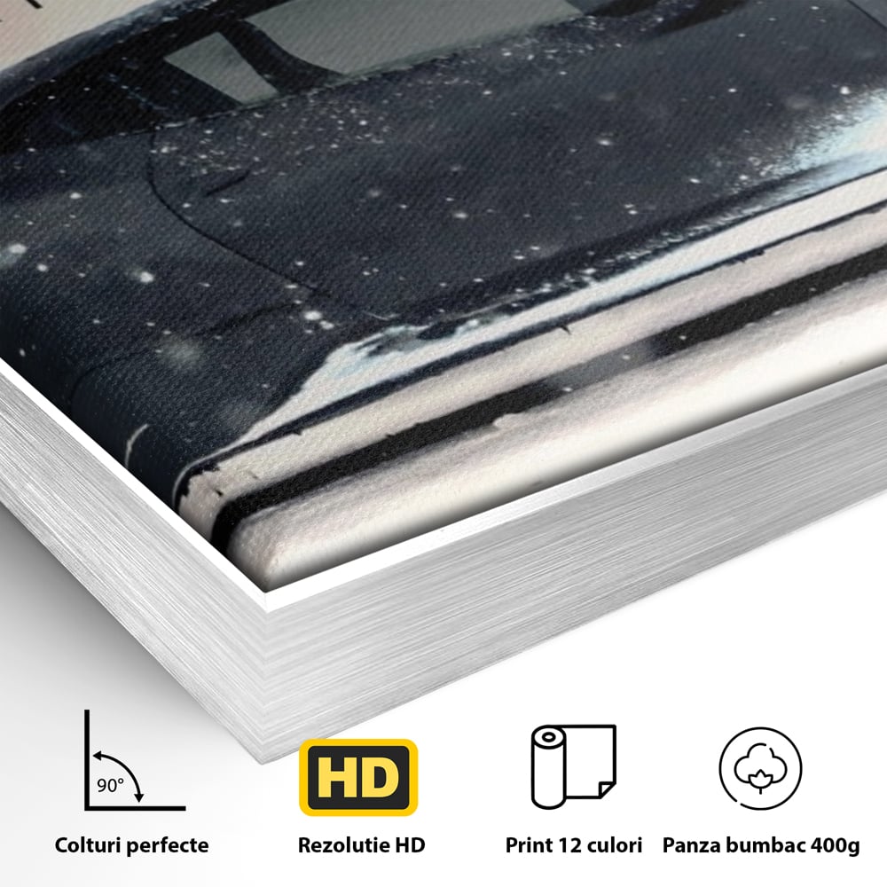 Detaliu al suprafetei: tablou canvas cu masina ferrari pe zapada, in rama de aluminiu argintiu