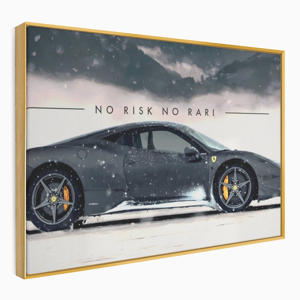Tablou canvas cu tablou canvas cu masina ferrari pe zapada, in rama de aluminiu auriu