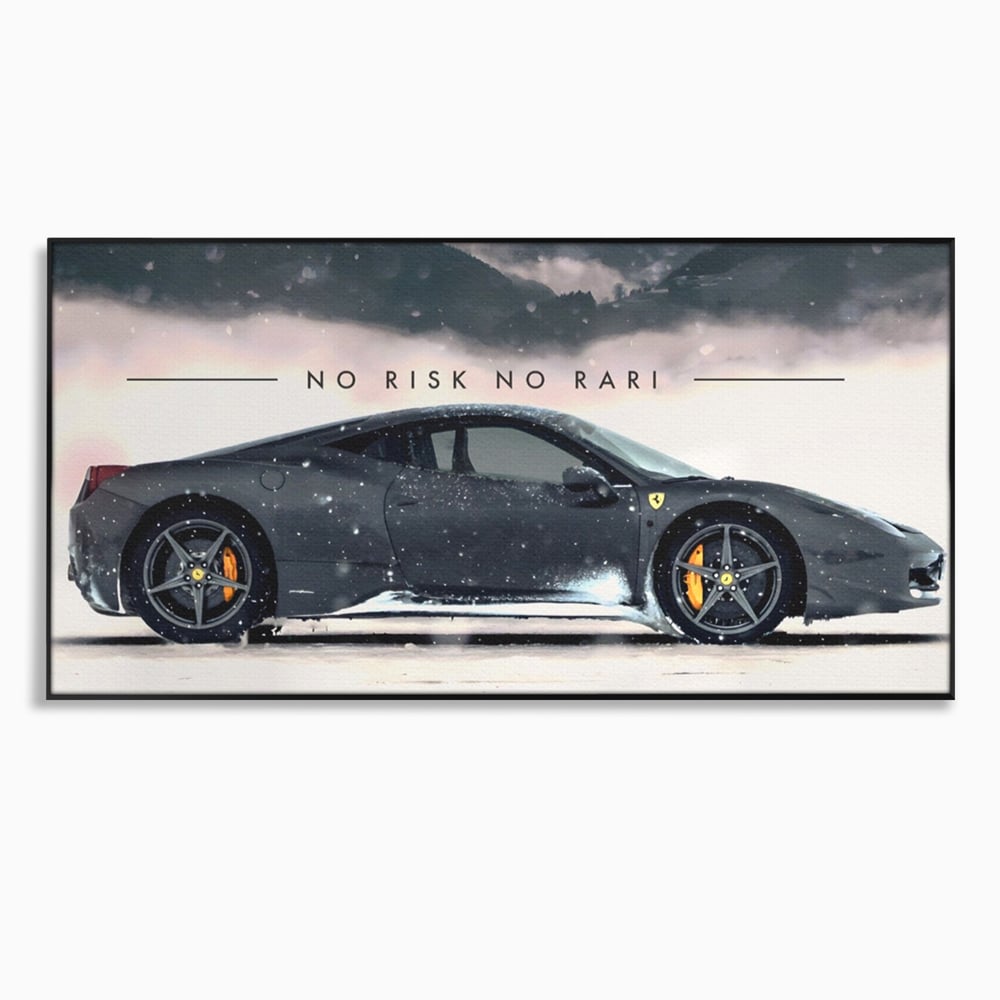 Tablou canvas cu tablou canvas cu masina ferrari pe zapada, in rama de aluminiu negru