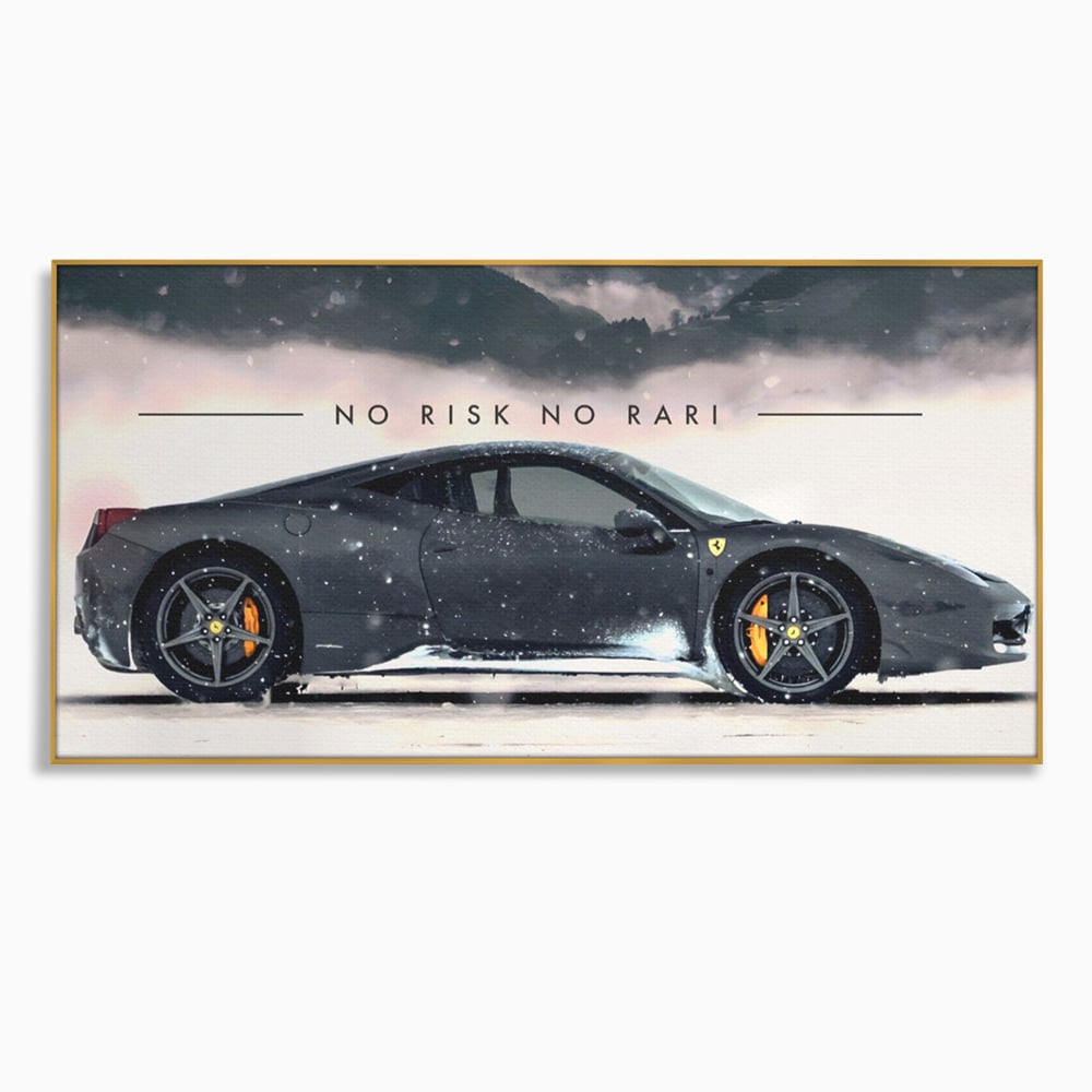 Tablou canvas cu tablou canvas cu masina ferrari pe zapada, in rama de aluminiu auriu