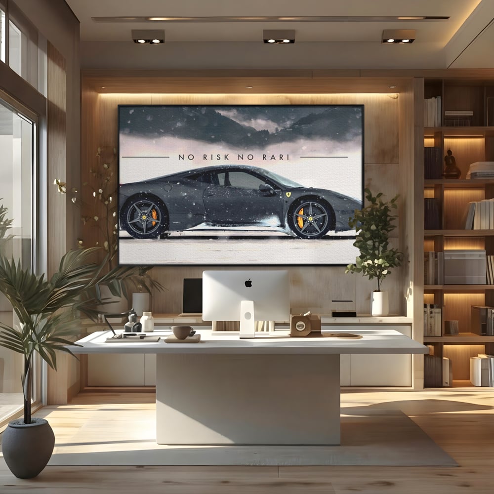 Tablou canvas cu tablou canvas cu masina ferrari pe zapada, in rama de aluminiu negru, pe perete intr-un birou