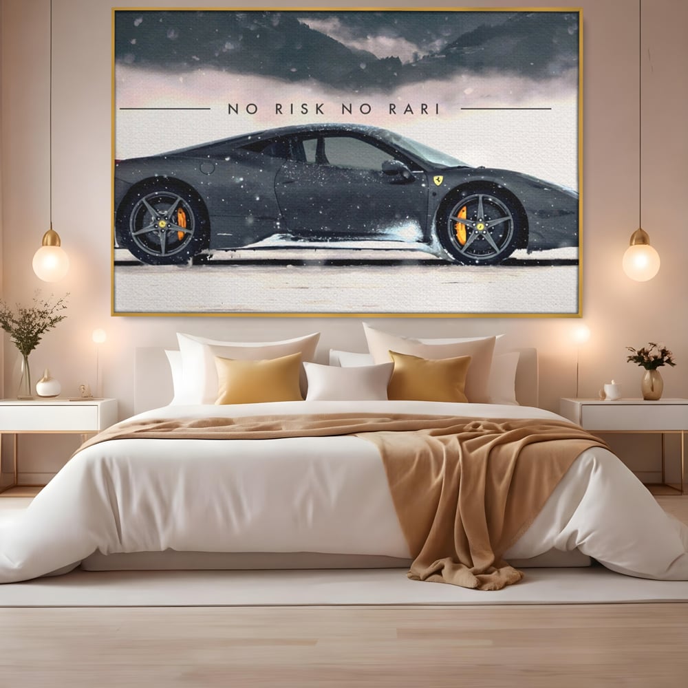 Tablou canvas cu tablou canvas cu masina ferrari pe zapada, in rama de aluminiu auriu, pe perete intr-un dormitor