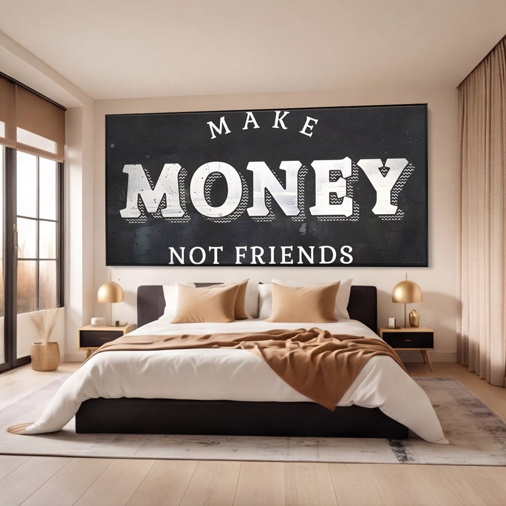 Tablou canvas cu tablou canvas cu mesaj motivational, in rama de aluminiu negru, pe perete intr-un dormitor