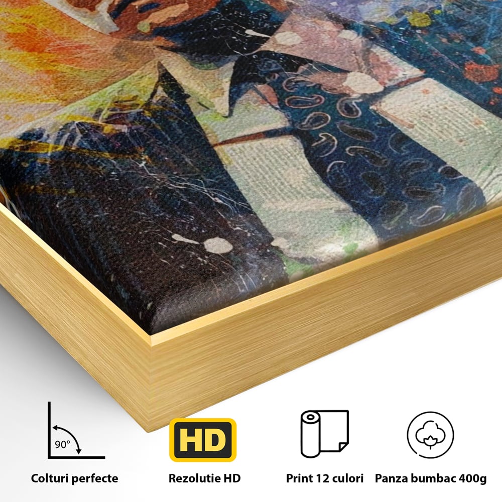 Detaliu al suprafetei: tablou canvas cu leonardo dicaprio si bani, in rama de aluminiu auriu