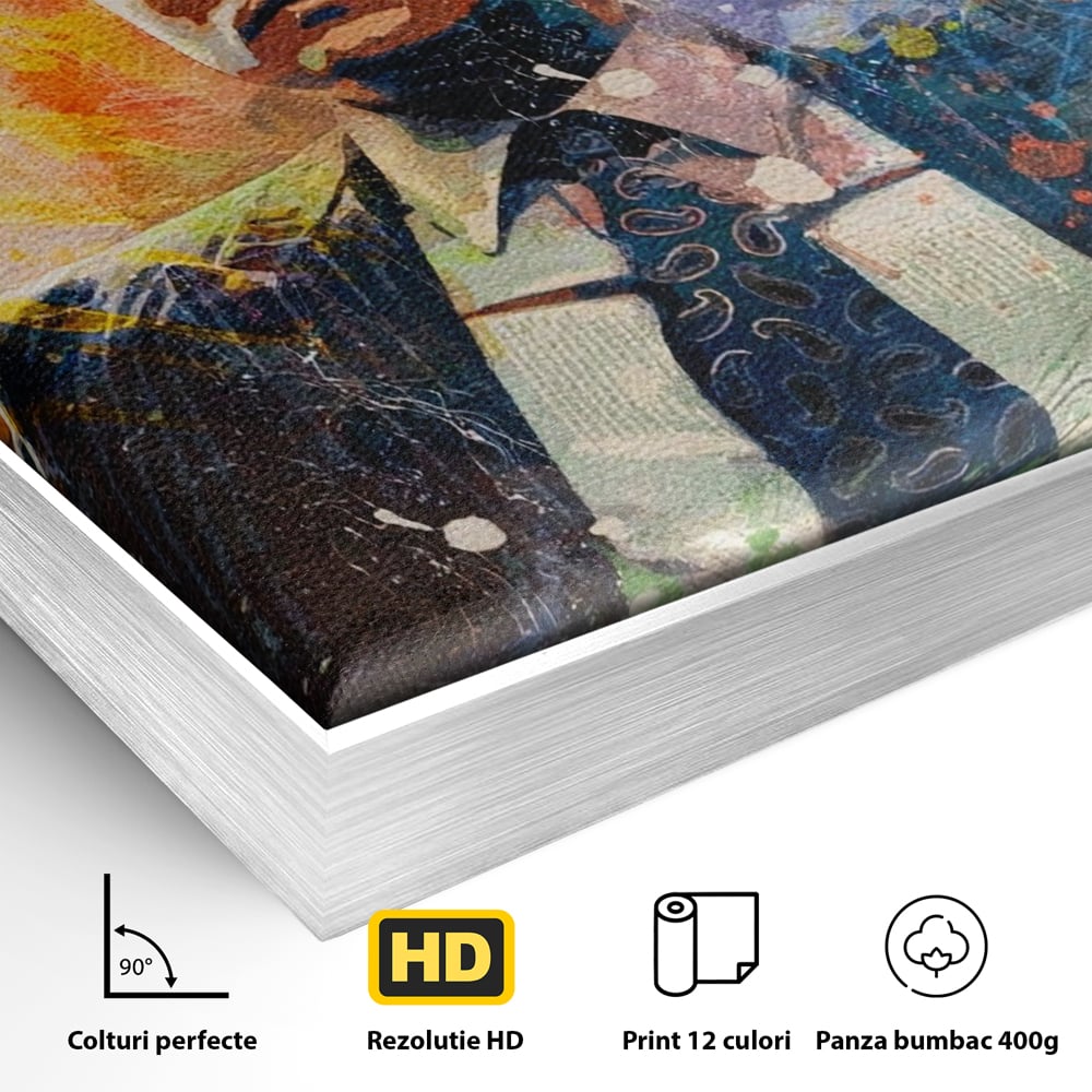 Detaliu al suprafetei: tablou canvas cu leonardo dicaprio si bani, in rama de aluminiu argintiu