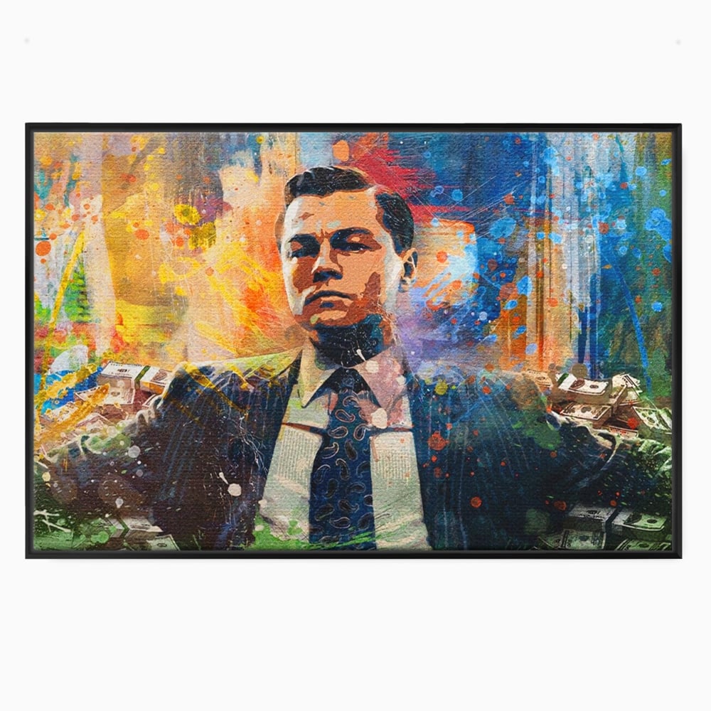 Tablou canvas cu tablou canvas cu leonardo dicaprio si bani, in rama de aluminiu negru
