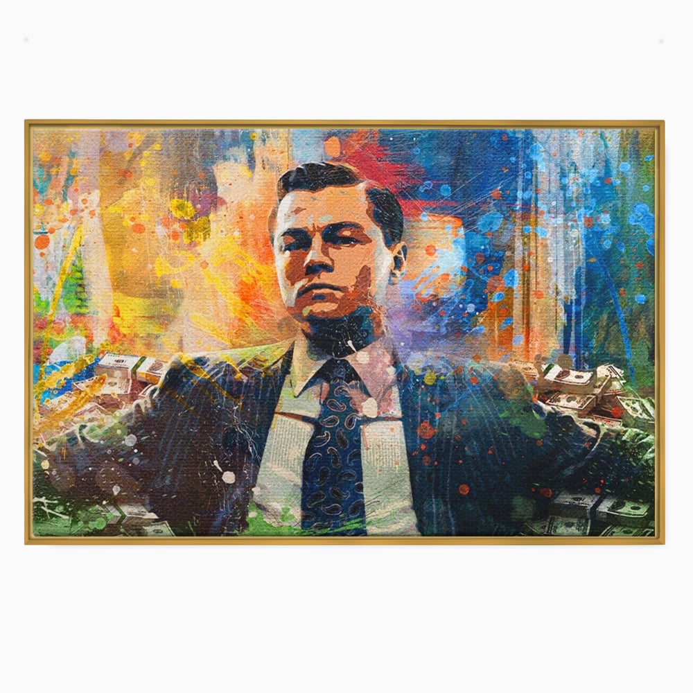 Tablou canvas cu tablou canvas cu leonardo dicaprio si bani, in rama de aluminiu auriu
