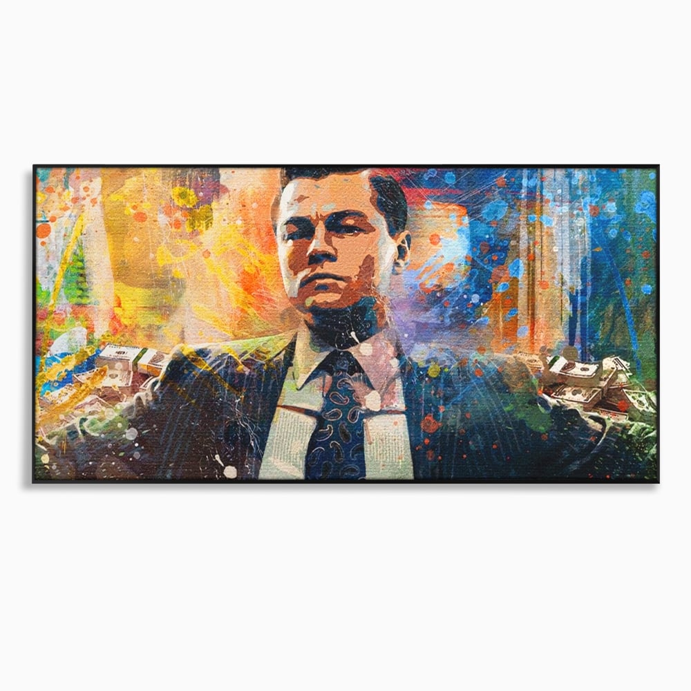 Tablou canvas cu tablou canvas cu leonardo dicaprio si bani, in rama de aluminiu negru