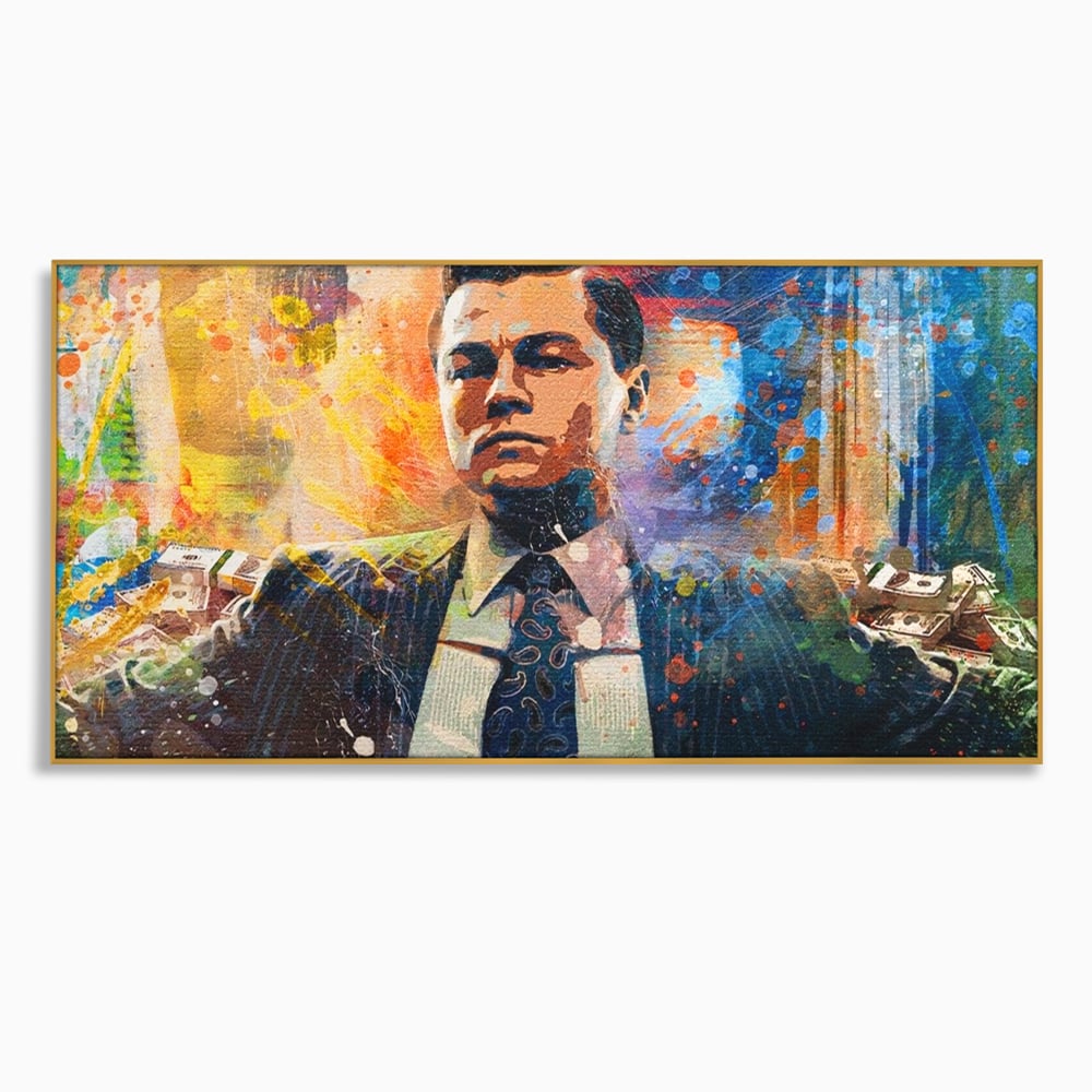 Tablou canvas cu tablou canvas cu leonardo dicaprio si bani, in rama de aluminiu auriu