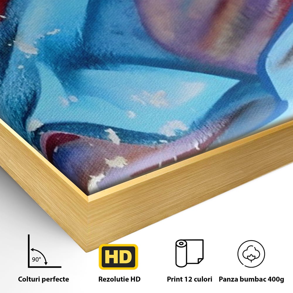 Detaliu al suprafetei: pictura abstracta cu graffiti multicolor, in rama de aluminiu auriu
