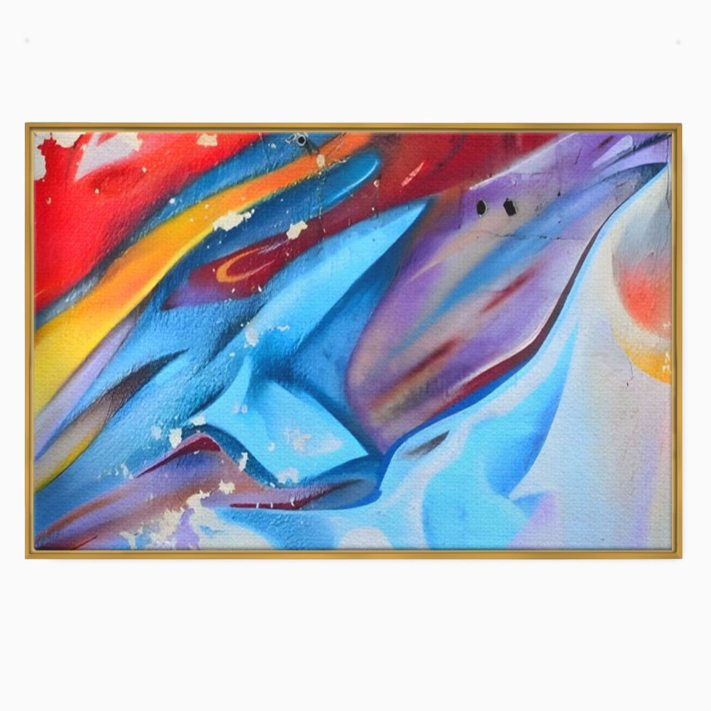 Tablou canvas cu pictura abstracta cu graffiti multicolor, in rama de aluminiu auriu
