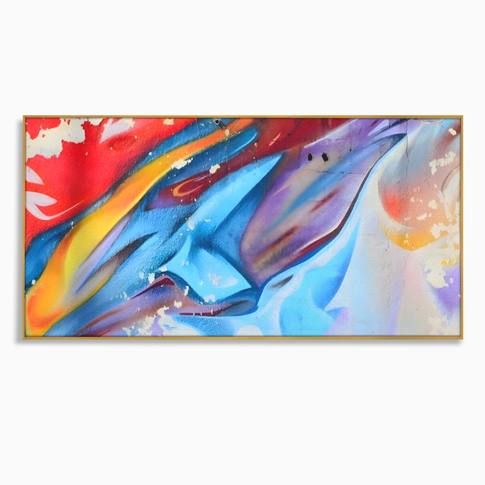 Tablou canvas cu pictura abstracta cu graffiti multicolor, in rama de aluminiu auriu