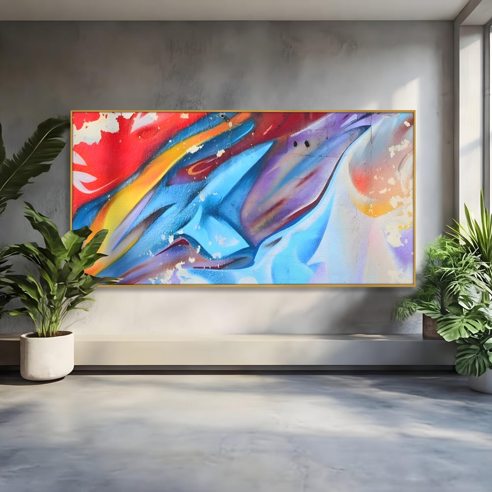 Tablou canvas cu pictura abstracta cu graffiti multicolor, in rama de aluminiu auriu