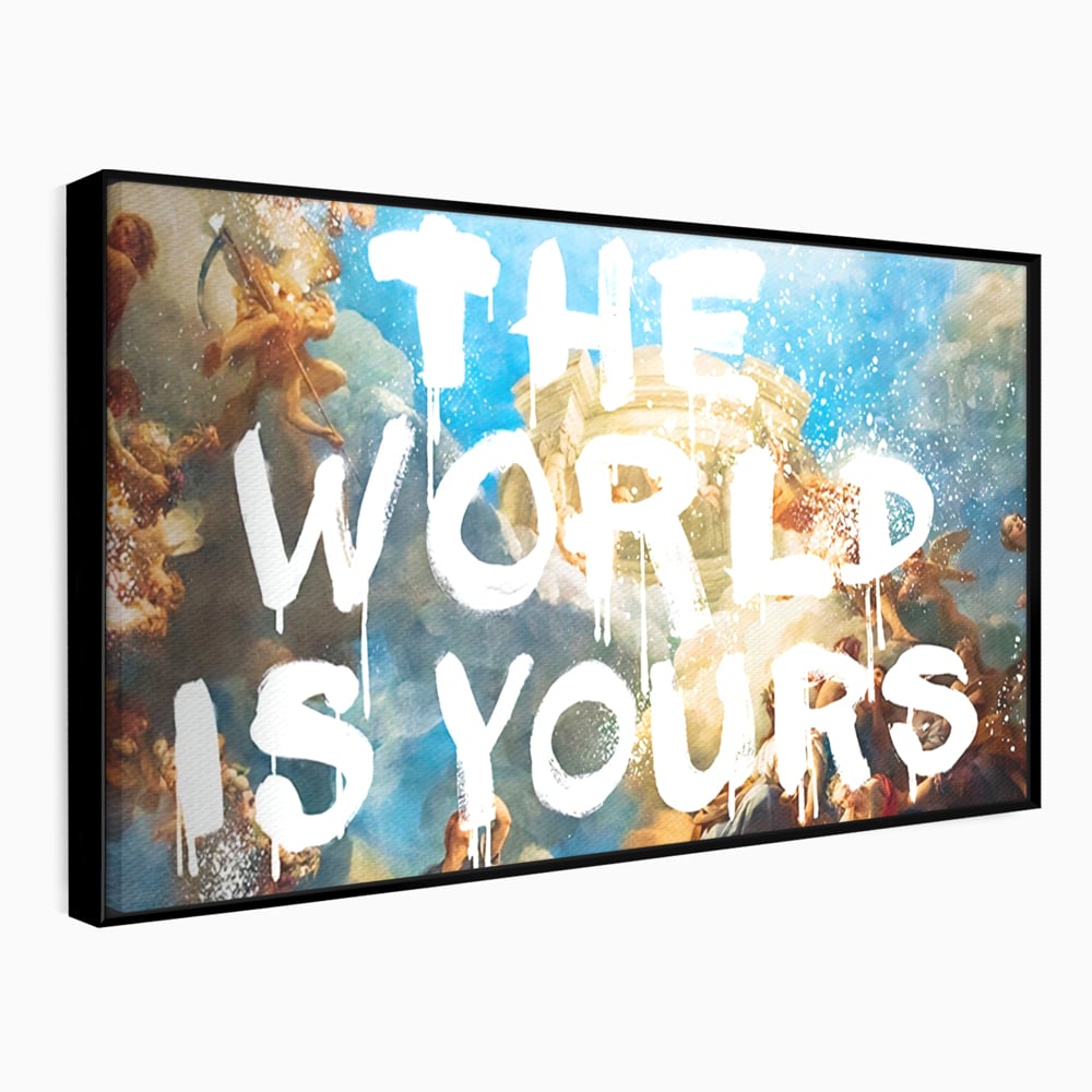 Tablou canvas cu pictura renascentista cu text alb, in rama de aluminiu negru