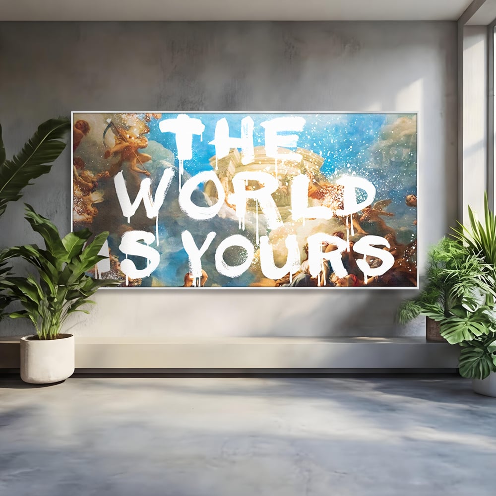 Tablou canvas cu pictura renascentista cu text alb, in rama de aluminiu argintiu