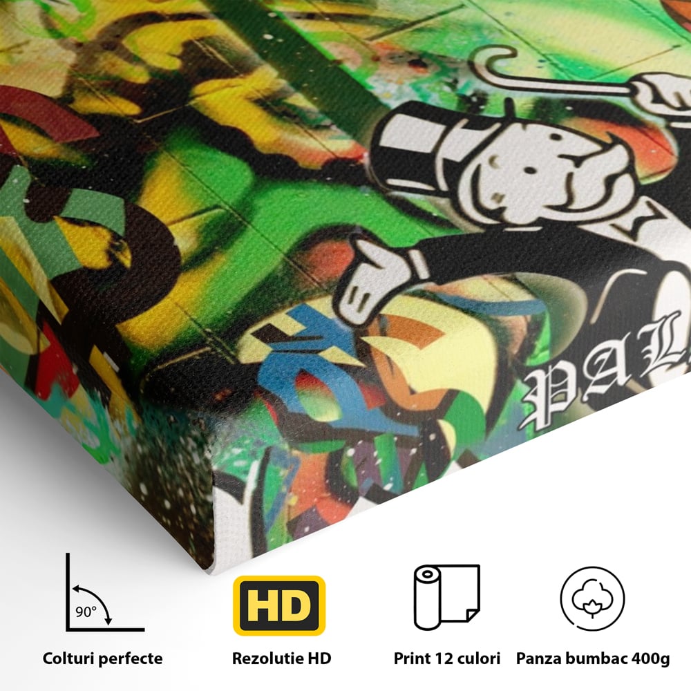 Detaliu al suprafetei: tablou canvas cu graffiti monopoly si palmier, fara rama, pe sasiu de lemn
