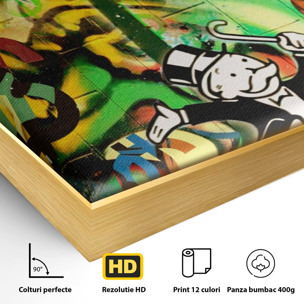 Detaliu al suprafetei: tablou canvas cu graffiti monopoly si palmier, in rama de aluminiu auriu