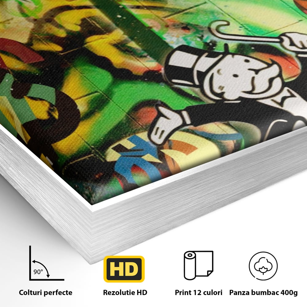 Detaliu al suprafetei: tablou canvas cu graffiti monopoly si palmier, in rama de aluminiu argintiu