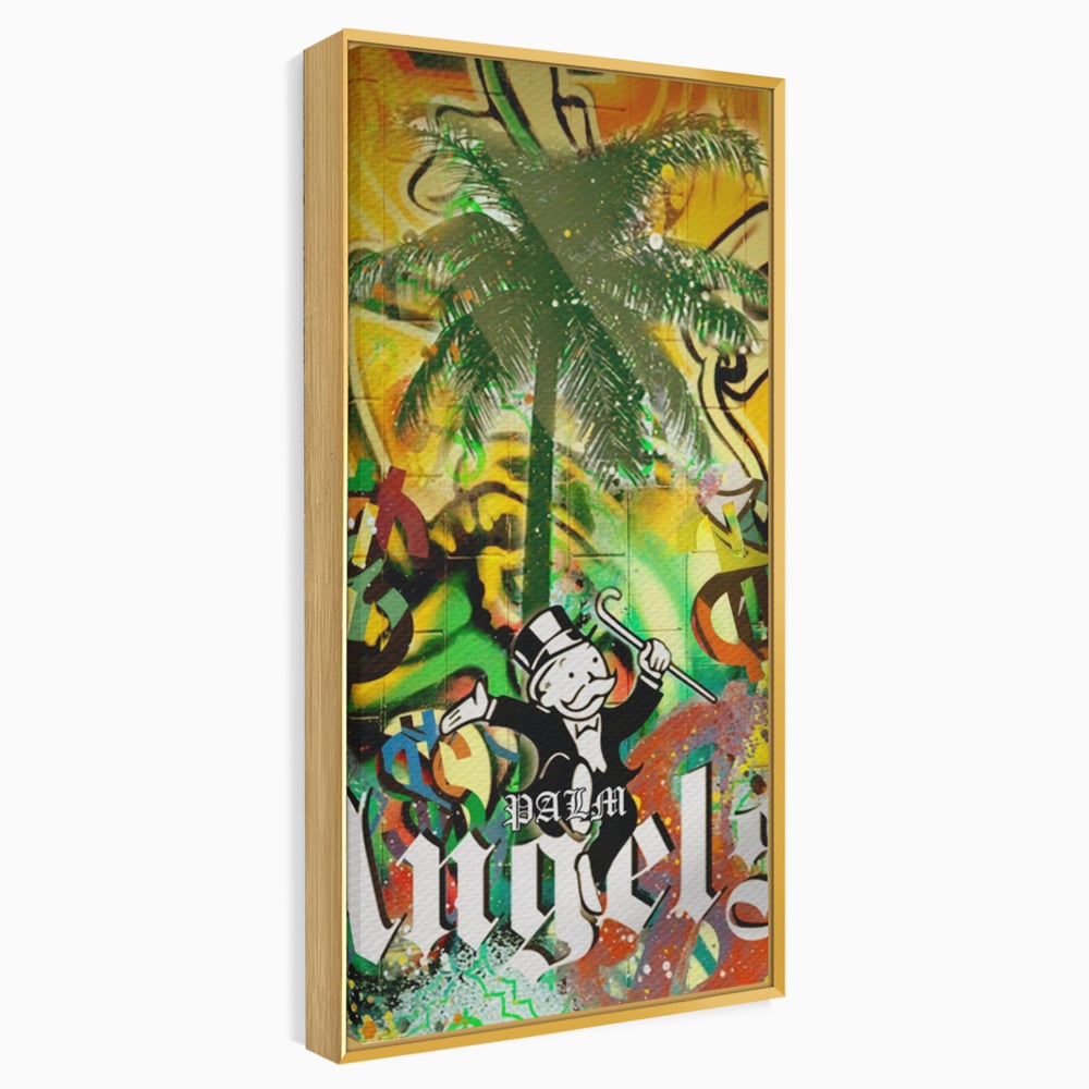 Tablou canvas cu tablou canvas cu graffiti monopoly si palmier, in rama de aluminiu auriu