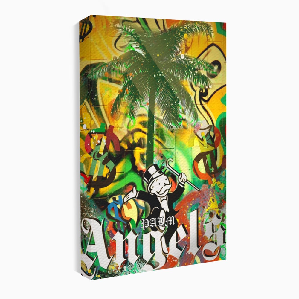 Tablou canvas cu tablou canvas cu graffiti monopoly si palmier, fara rama, pe sasiu de lemn