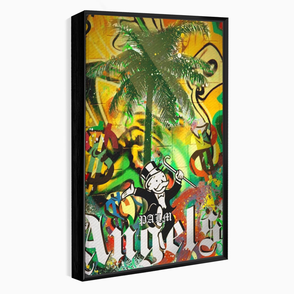 Tablou canvas cu tablou canvas cu graffiti monopoly si palmier, in rama de aluminiu negru