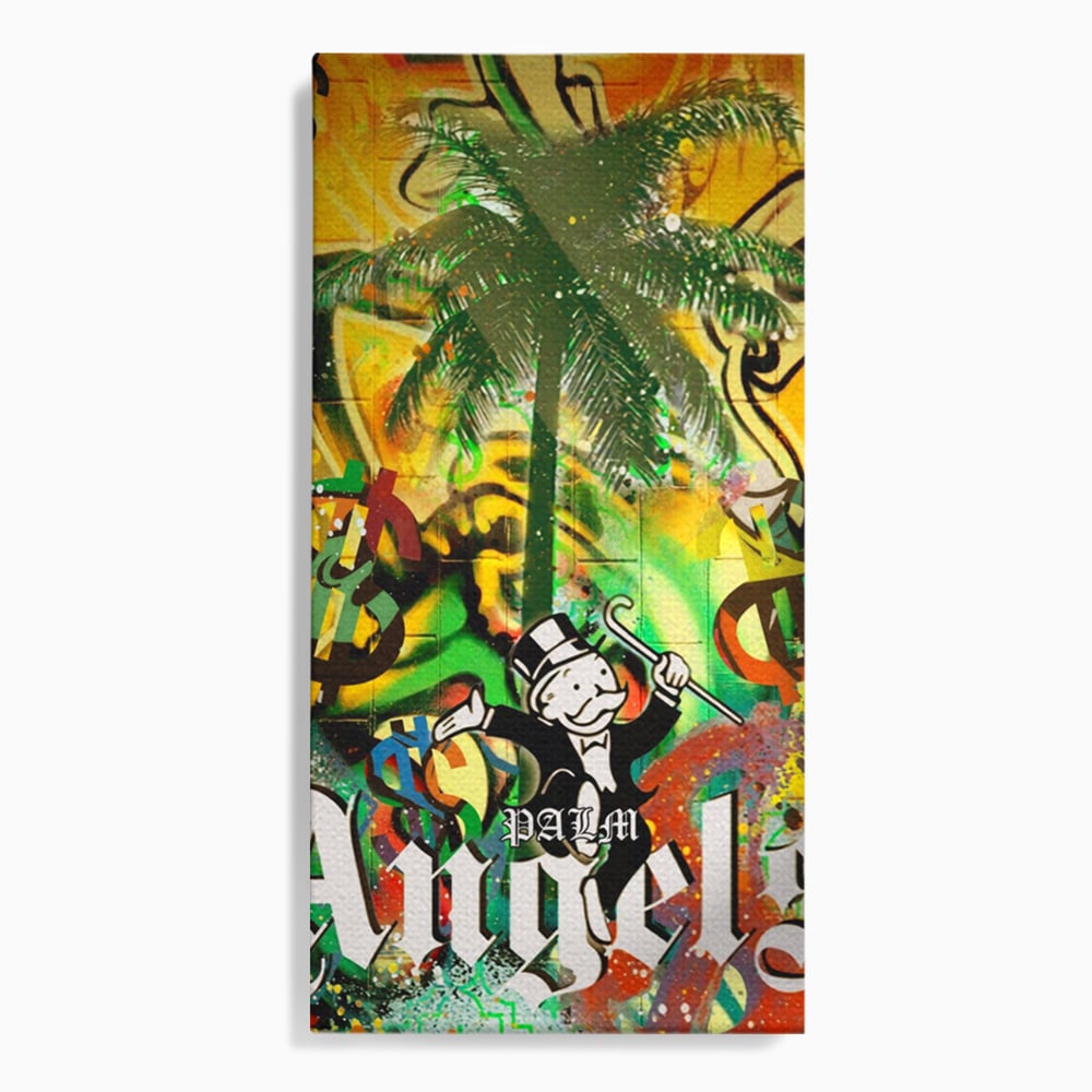 Tablou canvas cu tablou canvas cu graffiti monopoly si palmier, fara rama, pe sasiu de lemn