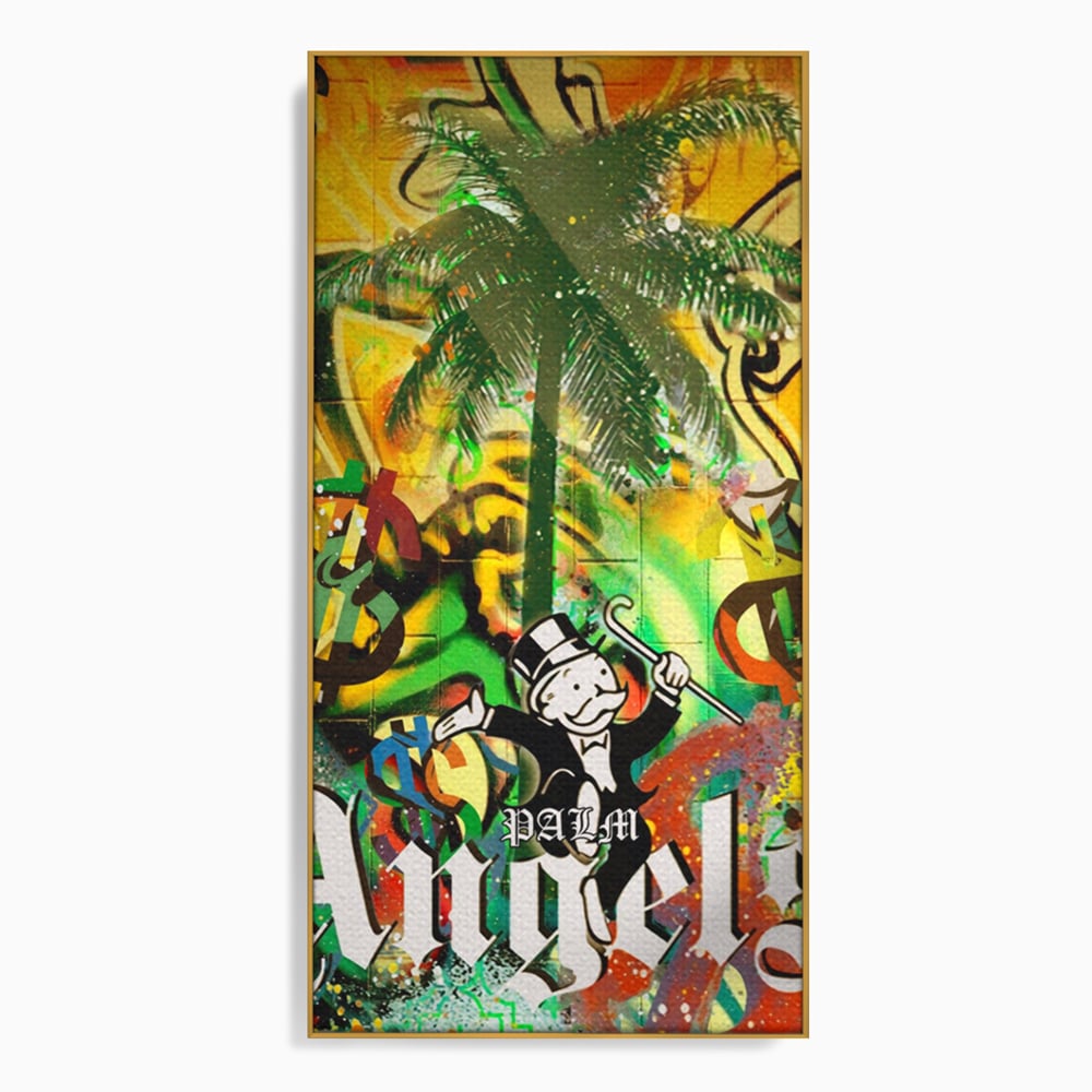 Tablou canvas cu tablou canvas cu graffiti monopoly si palmier, in rama de aluminiu auriu