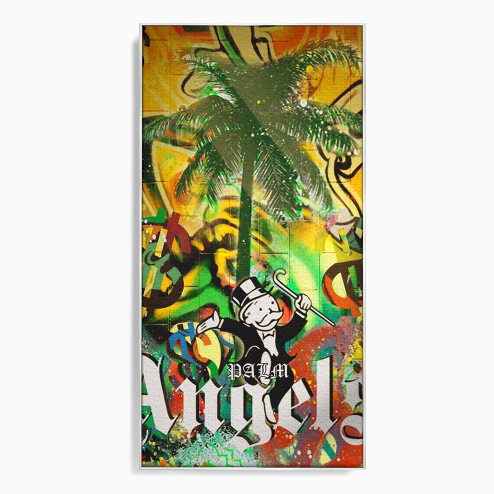 Tablou canvas cu tablou canvas cu graffiti monopoly si palmier, in rama de aluminiu argintiu