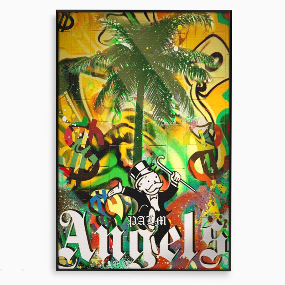 Tablou canvas cu tablou canvas cu graffiti monopoly si palmier, in rama de aluminiu negru