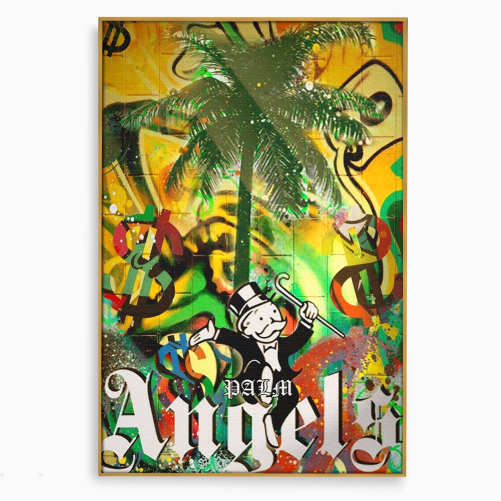 Tablou canvas cu tablou canvas cu graffiti monopoly si palmier, in rama de aluminiu auriu
