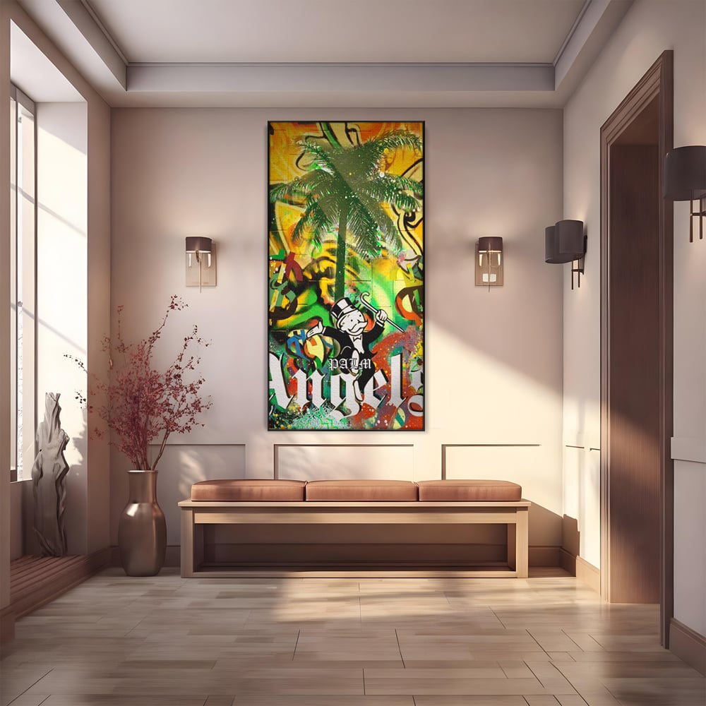 Tablou canvas cu tablou canvas cu graffiti monopoly si palmier, in rama de aluminiu negru
