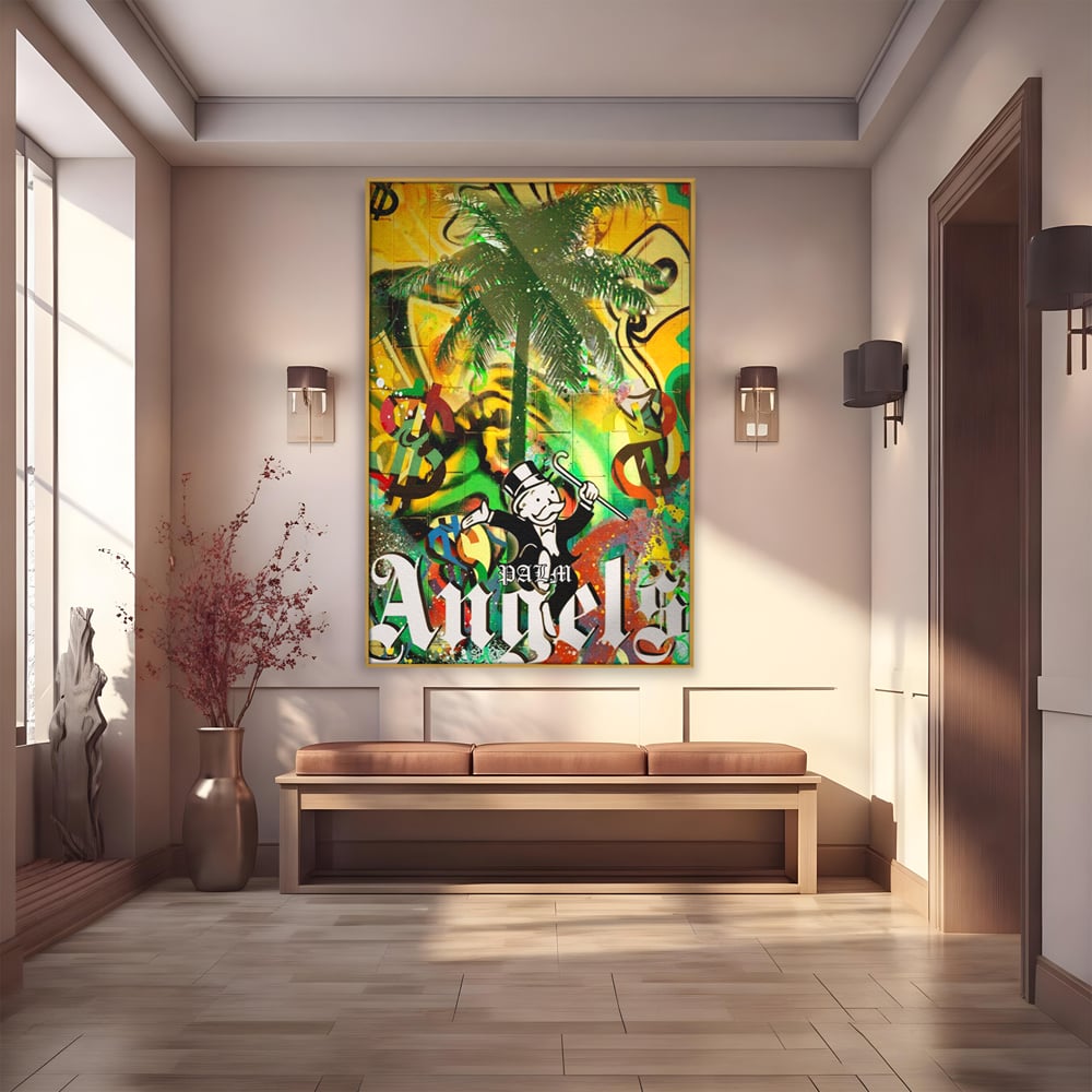 Tablou canvas cu tablou canvas cu graffiti monopoly si palmier, in rama de aluminiu auriu