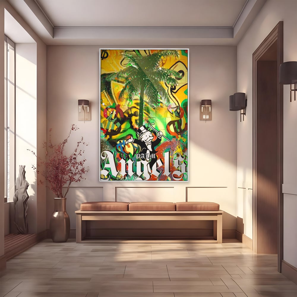 Tablou canvas cu tablou canvas cu graffiti monopoly si palmier, in rama de aluminiu argintiu