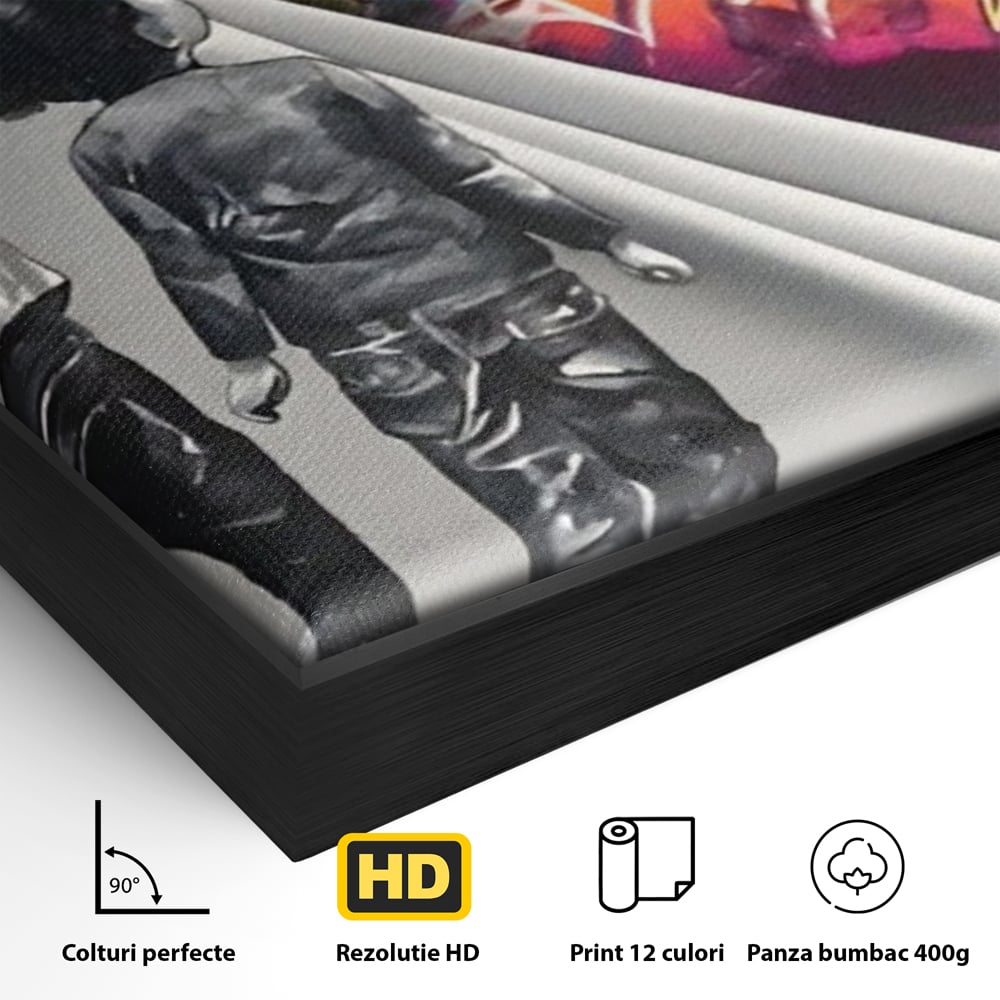 Detaliu al suprafetei: tablou canvas cu copii si perete grafitti, in rama de aluminiu negru