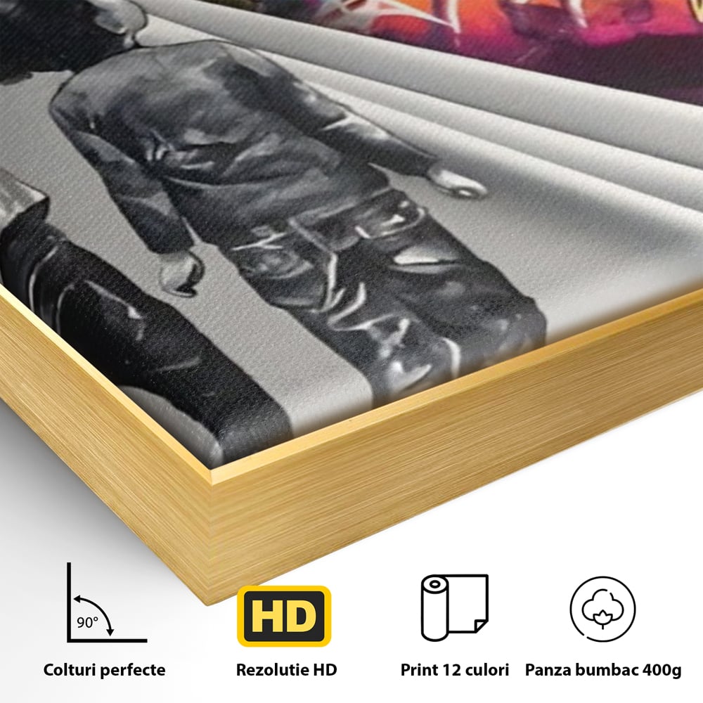 Detaliu al suprafetei: tablou canvas cu copii si perete grafitti, in rama de aluminiu auriu