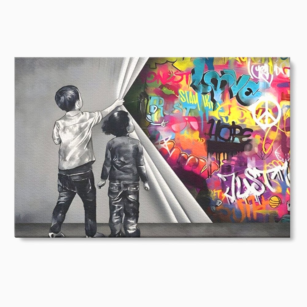Tablou canvas cu tablou canvas cu copii si perete grafitti, fara rama, pe sasiu de lemn