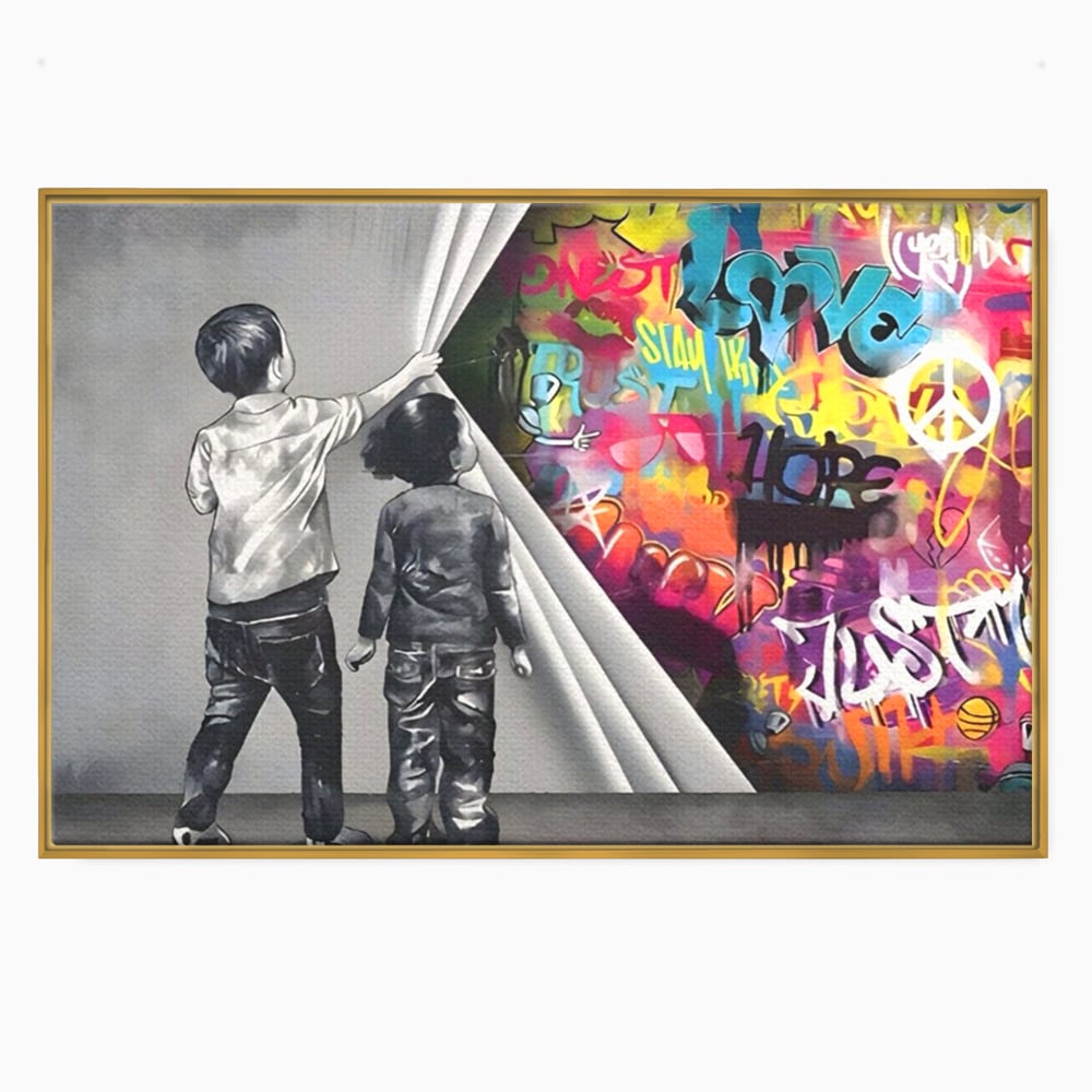 Tablou canvas cu tablou canvas cu copii si perete grafitti, in rama de aluminiu auriu