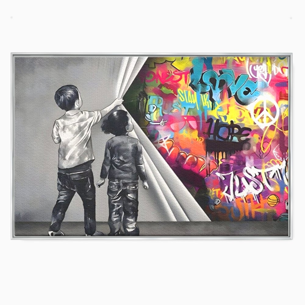 Tablou canvas cu tablou canvas cu copii si perete grafitti, in rama de aluminiu argintiu