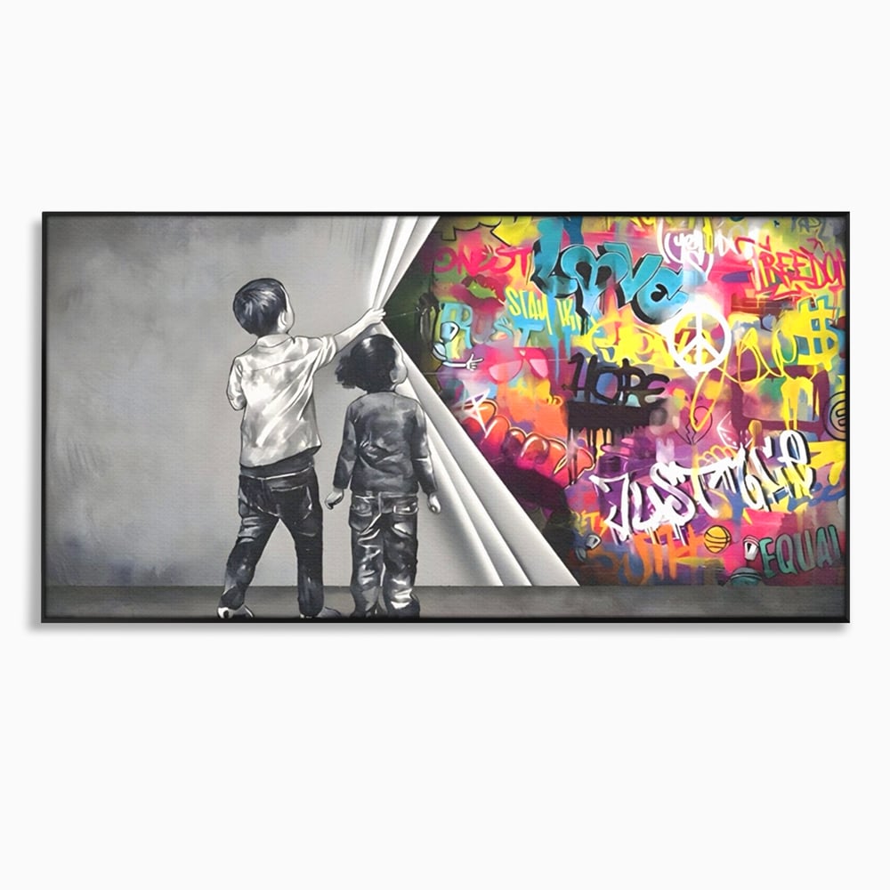 Tablou canvas cu tablou canvas cu copii si perete grafitti, in rama de aluminiu negru